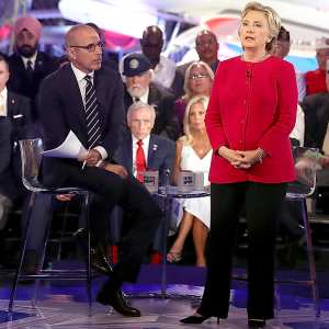 Matt Lauer looks on as Democratic presidential nominee Hillary Clinton speaks during the NBC News Commander-in-Chief Forum on Sept. 7, 2016, in New York City.