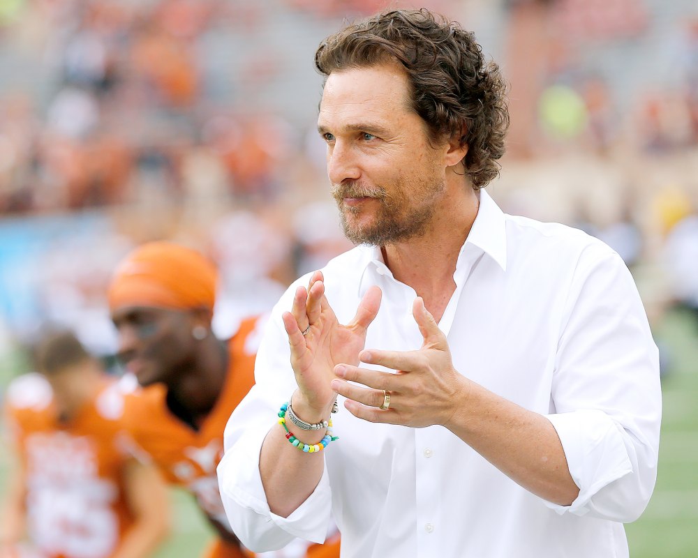 Matthew McConaughey encourages the Texas Longhorns before the game against the TCU Horned Frogs at Darrell K Royal -Texas Memorial Stadium on November 25, 2016 in Austin, Texas.