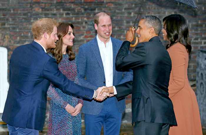 US President Barack Obama shakes hands with Britain's Prince Harry as Prince William, Duke of Cambridge and Catherine Duchess of Cambridge greet the US president and US First Lady Michelle Obama in London, April 22, 2016.