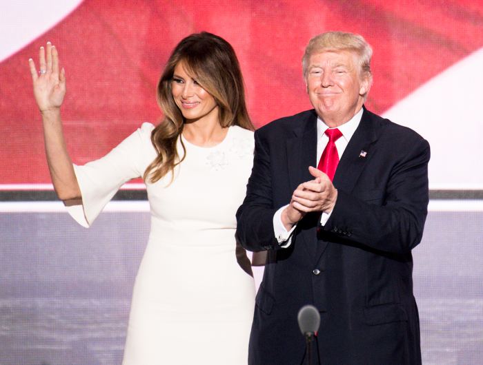 Donald Trump is joined on stage by his wife Melania Trump after delivering his acceptance speech at the 2016 Republican National Convention in Cleveland, Ohio on Thursday, July 21, 2016.