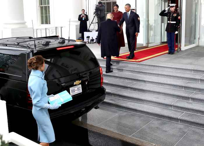 Donald Trump and his wife Melania Trump are greeted by President Barack Obama and Michelle Obama, upon arriving at the White House on January 20, 2017 in Washington, DC.