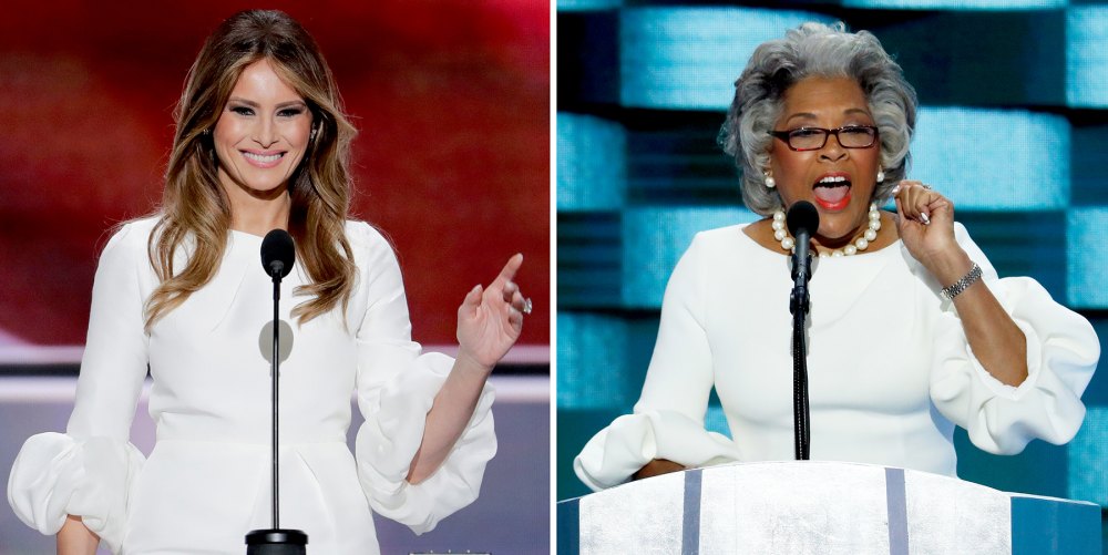 Melania Trump speaks at the Republican National Convention in Cleveland, and U.S. Rep. Joyce Beatty, right, speaks at the Democratic National Convention in Philadelphia.