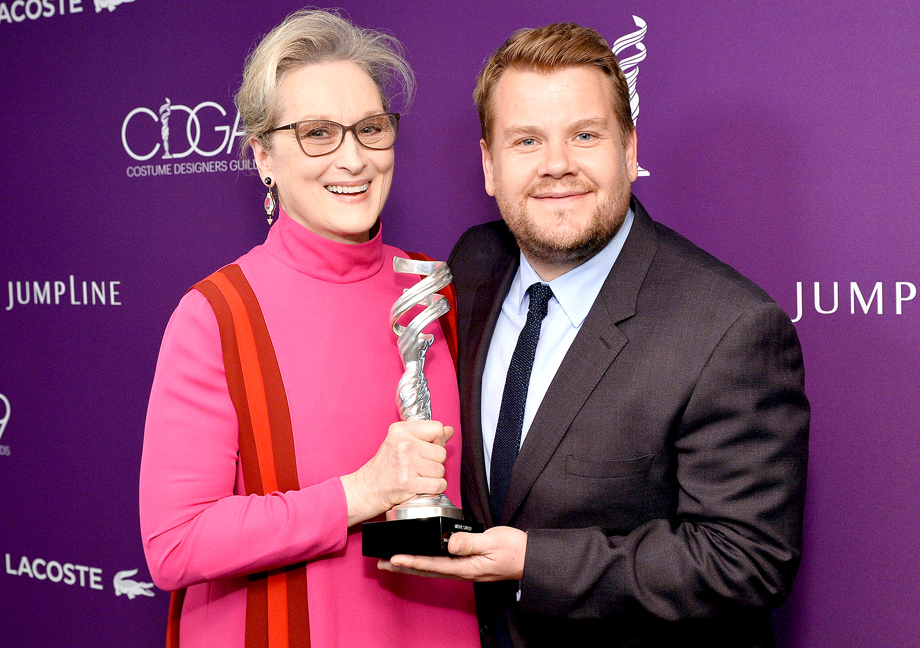 Meryl Streep, recipient of the Distinguished Collaborator Award, and TV personality James Corden attend The 19th CDGA (Costume Designers Guild Awards) with Presenting Sponsor LACOSTE at The Beverly Hilton Hotel on February 21, 2017 in Beverly Hills, California.