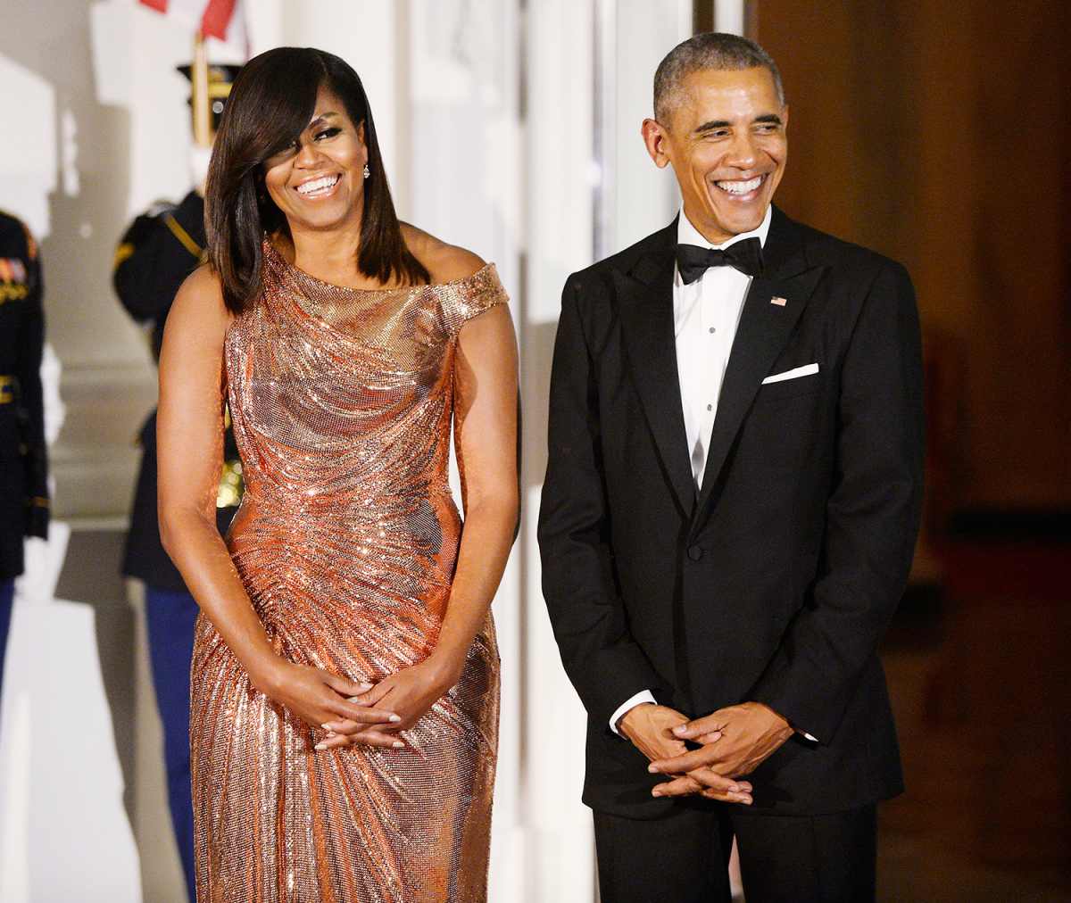 Michelle Obama Glows in Rose Gold Versace Gown