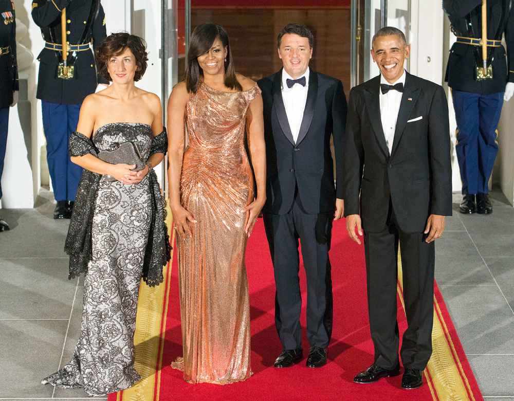 Agnese Landini, First Lady Michelle Obama, Italian Prime Minister Matteo Renzi and President Barack Obama enter the White House for the State Dinner on October 18, 2016 in Washington, DC.