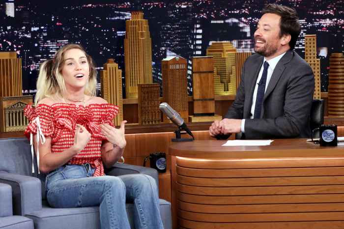 Miley Cyrus with Jimmy Fallon during an interview on June 14, 2017