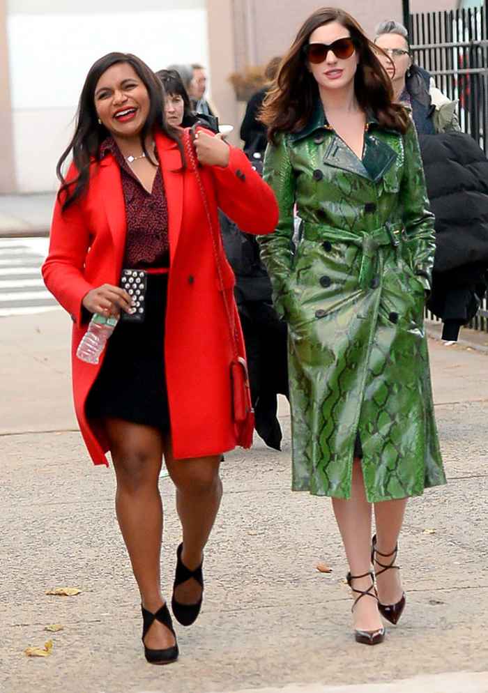 Anne Hathaway and Mindy Kaling are seen set of Ocean's Eight in Brooklyn on December 3, 2016 in New York City.