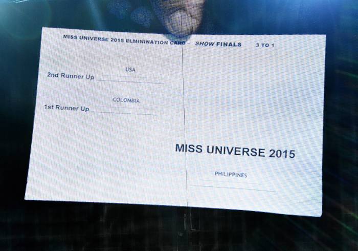 The card showing the order of the top three finalists in the 2015 Miss Universe Pageant