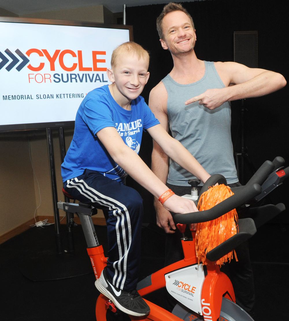Neil Patrick Harris and 14-year-old cancer survivor Luke Weber at Cycle for Survival at Equinox Bryant Park March 13.