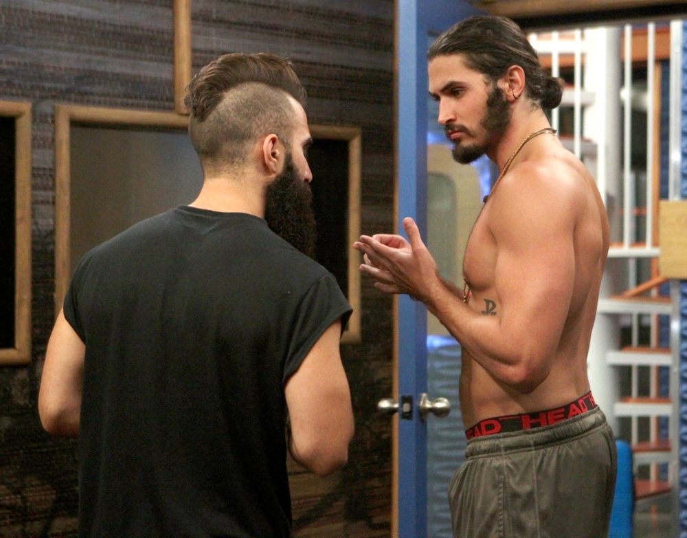 Victor Arroyo wears his HOH key talking to Paul Abrahamian on Big Brother.