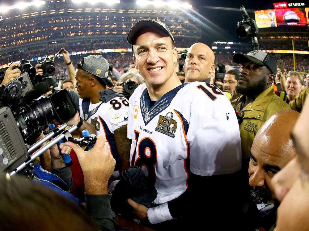 Peyton Manning #18 of the Denver Broncos celebrates after defeating the Carolina Panthers during Super Bowl 50.