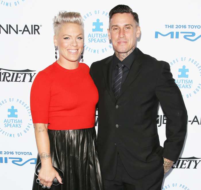 Pink and Carey Hart attend the Autism Speaks to Los Angeles celebrity chef gala held at the Barker Hangar on October 8, 2015 in Santa Monica, California.