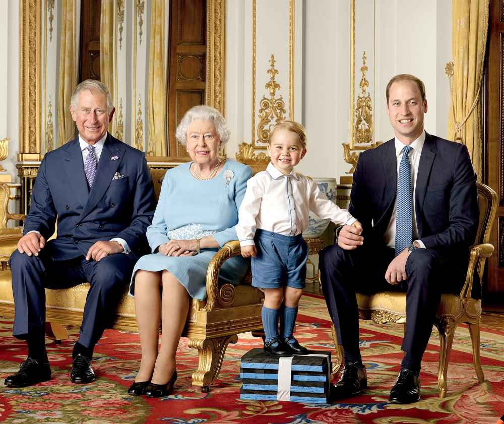 Prince George stands on foam blocks during a Royal Mail photoshoot for a stamp sheet to mark the 90th birthday of Queen Elizabeth II.