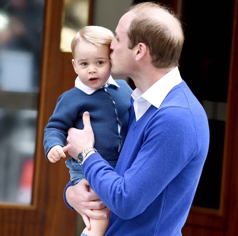 Prince William, Duke of Cambridge, and Prince George arrive at the Lindo Wing at St. Mary's Hospital on May 02, 2015 in London, England.