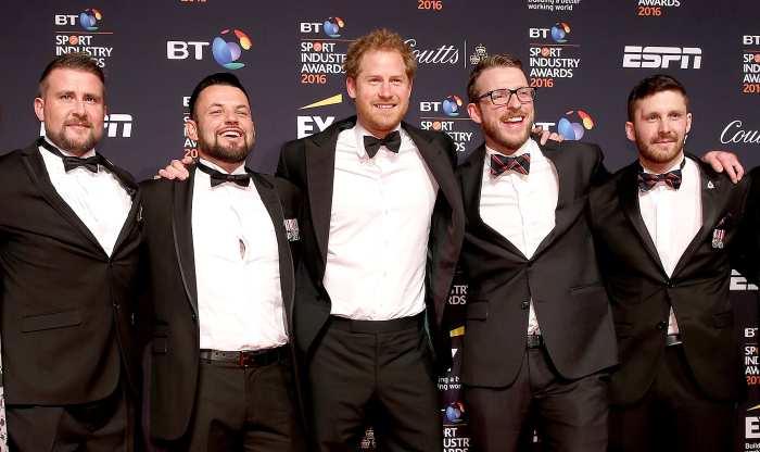 Prince Harry arrives with the UK Invictus team for BT Sport Industry Awards at Battersea Evolution on April 28, 2016 in London, England.