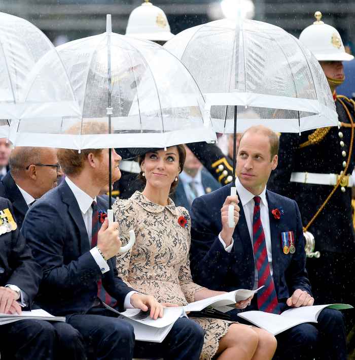 Prince Harry, Catherine, Duchess of Cambridge and Prince William, Duke of Cambridge during the Commemoration of the Centenary of the Battle of the Somme at the Commonwealth War Graves Commission Thiepval Memorial on July 1, 2016 in Thiepval, France.
