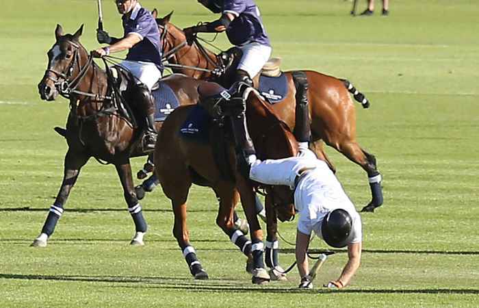 Prince Harry falls off his horse.