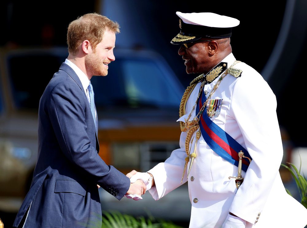 Prince Harry is greeted by the Governor General His Excellency Sir Rodney Williams on his arrival at V.C. Bird International Airport in Antigua at the start of his 15-day tour of the Caribbean.