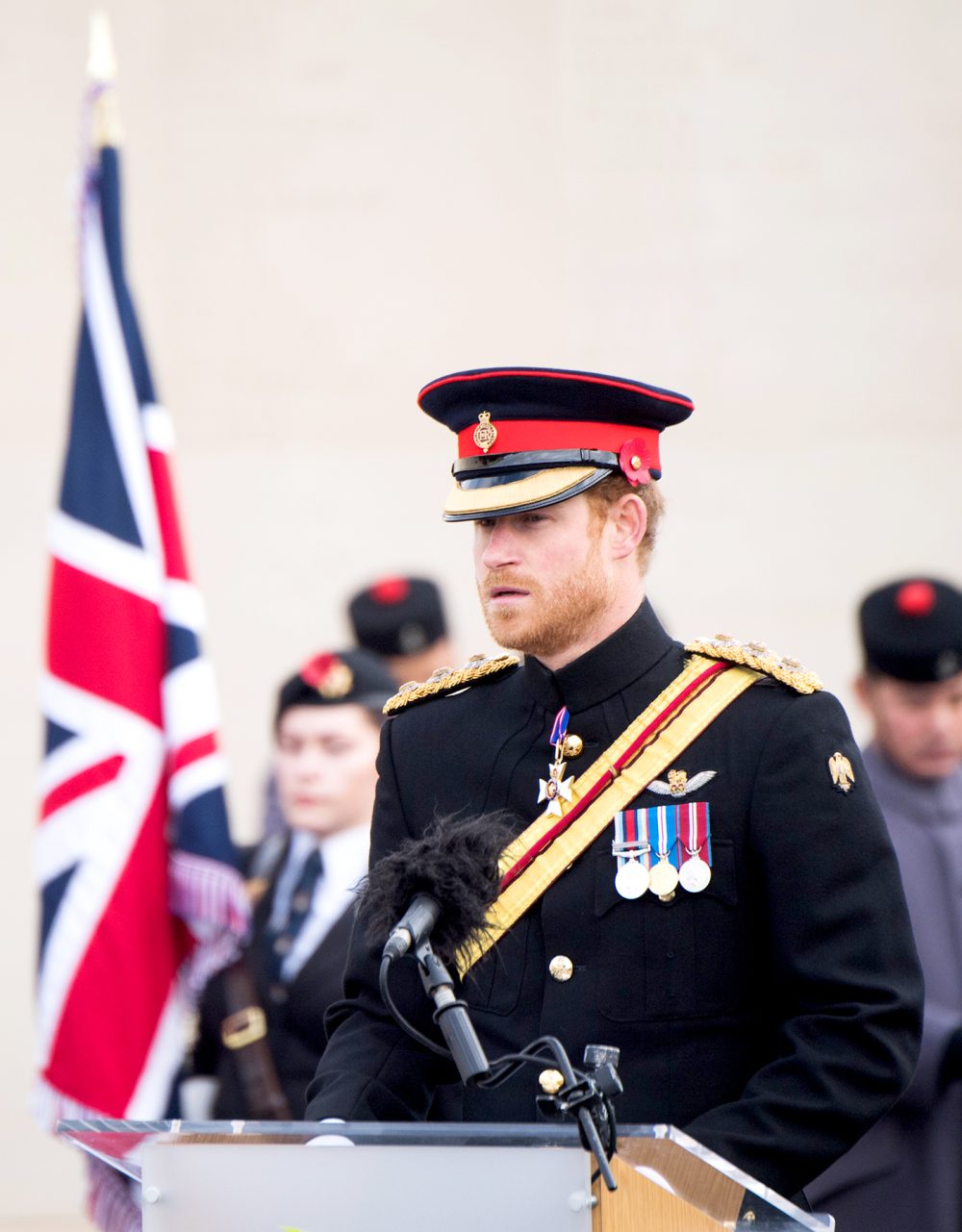 Prince Harry attends Armistice Day service at The Armed Forces Memorial at The National Memorial Arboretum on November 11, 2016 in Stafford, England.