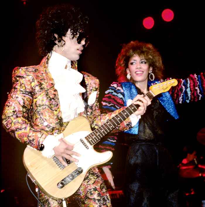 Prince and Sheila E performing on stage on the Purple Rain tour in 1984.