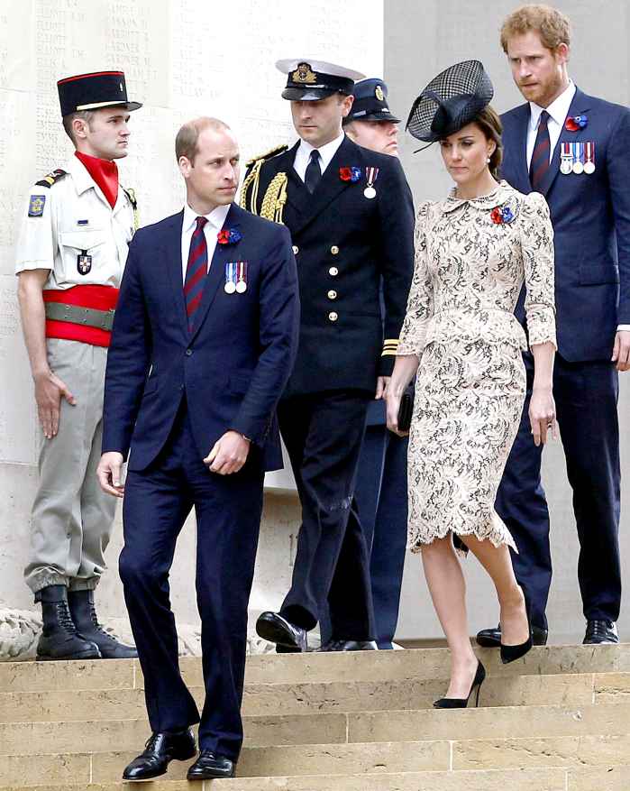 Prince William, Duke of Cambridge, Catherine, Duchess of Cambridge and Prince Harry during Somme Centenary Commemorations on July 1, 2016 in Thiepval, France.