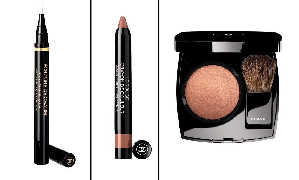 Ecriture De Chanel Automatic Liquid Liner, Jumbo Longwear Lip Crayon in Nude, Joues Contraste Powder Blush in Elegance