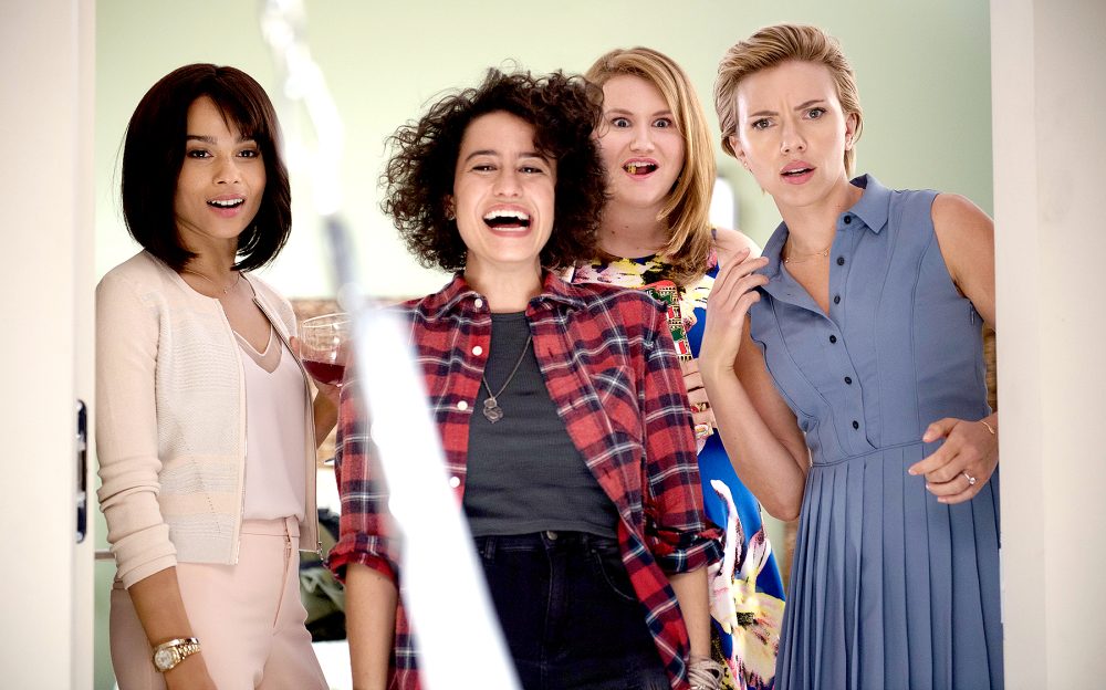 Blair (Zoë Kravitz), Frankie (Illana Grazer), Alice (Jillian Bell) and Jess (Scarlett Johansson) in Columbia Pictures’ Rough Night.
