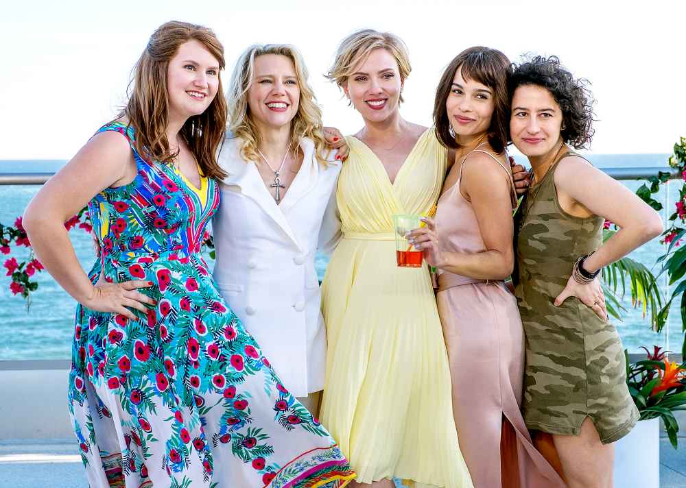 Alice (Jillian Bell), Pippa (Kate McKinnon), Jess (Scarlett Johansson), Blair (Zoë Kravitz), and Frankie (Illana Grazer) in Rough Night.