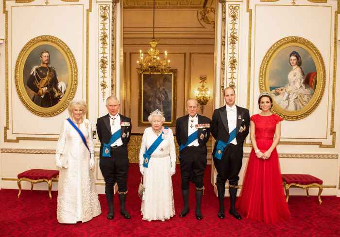 Camilla, Duchess of Cornwall, Prince Charles, Prince of Wales, Queen Elizabeth II, Prince Philip, Duke of Edinburgh, Prince William, Duke of Cambridge and Catherine, Duchess of Cambridge