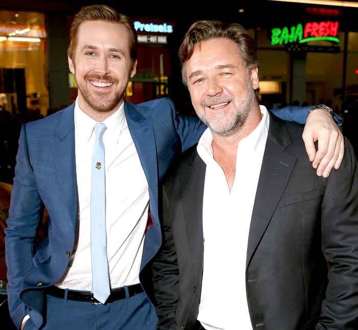 Ryan Gosling and Russell Crowe attend the premiere of Warner Bros. Pictures' 'The Nice Guys' at TCL Chinese Theatre on May 10, 2016 in Hollywood, California.