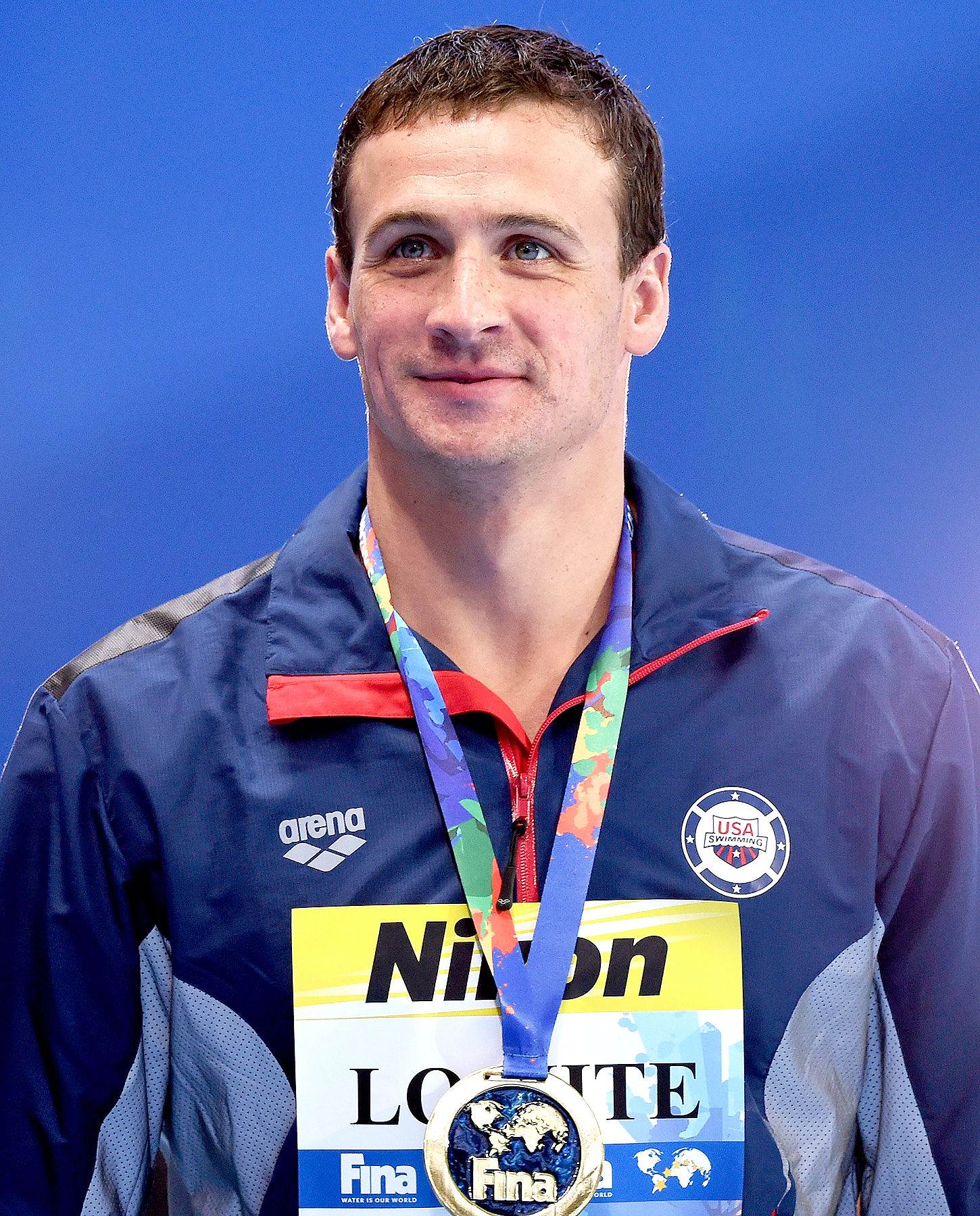 Ryan Lochte of the United States poses during the medal ceremony for the Men's 200m Individual Medley Final on day thirteen of the 16th FINA World Championships at the Kazan Arena on August 6, 2015 in Kazan, Russia.