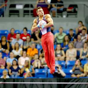 Sam Mikulak competes on the high bar during day two of the 2016 Men's Gymnastics Olympic Trials at Chafitz Arena on June 25, 2016 in St. Louis, Missouri.
