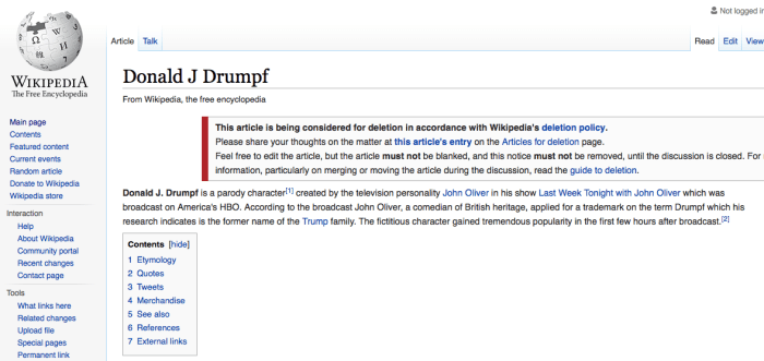 Donald Drumpf's Wikipedia page