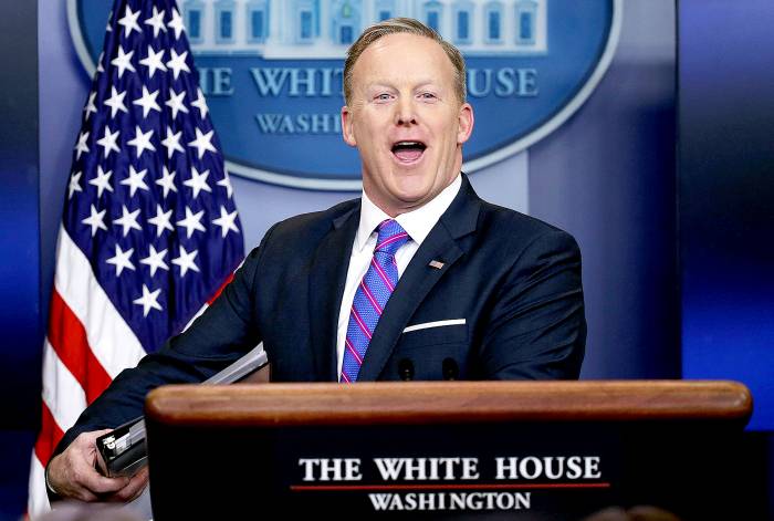 Sean Spicer smiles as he wraps up a daily press briefing at the James Brady Press Briefing Room February 14, 2017 at the White House in Washington, DC.