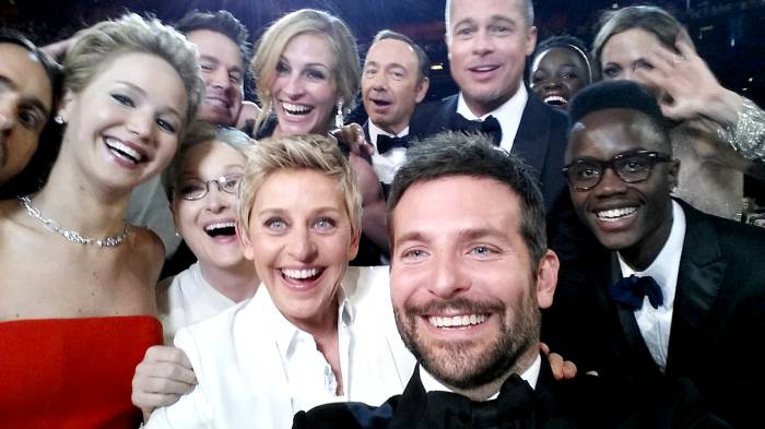 Ellen DeGeneres poses for a selfie taken by Bradley Cooper with (clockwise from L-R) Jared Leto, Jennifer Lawrence, Channing Tatum, Meryl Streep, Julia Roberts, Kevin Spacey, Brad Pitt, Lupita Nyong'o, Angelina Jolie, Peter Nyong'o Jr. and Bradley Cooper during the 86th Annual Academy Awards at the Dolby Theatre on March 2, 2014.