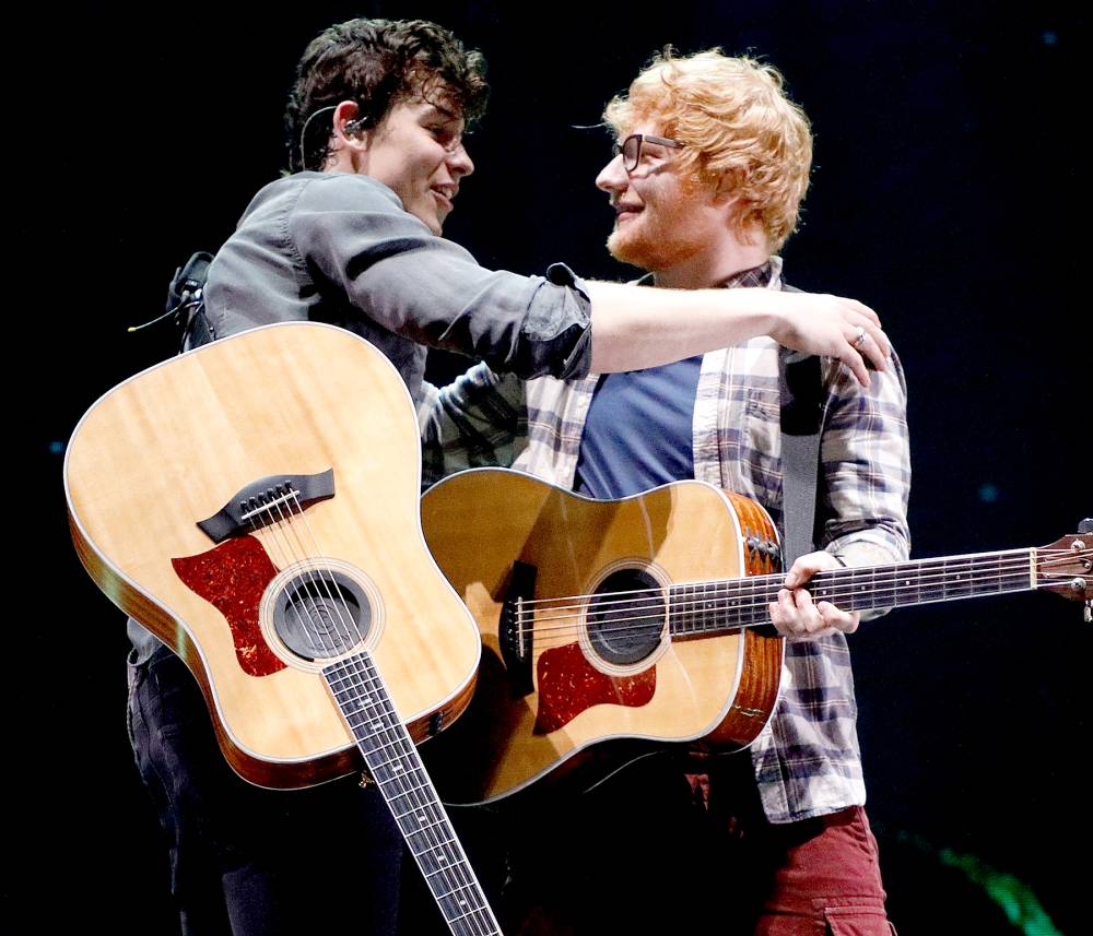 Shawn Mendes performs "Mercy" with Ed Sheeran during the Illuminate Tour at Barclays Center of Brooklyn on August 16, 2017 in the Brooklyn borough of New York City.