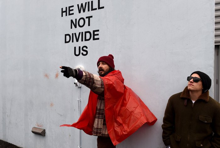Shia LaBeouf at his 'He Will Not Divide Us' protest, where he was arrested.