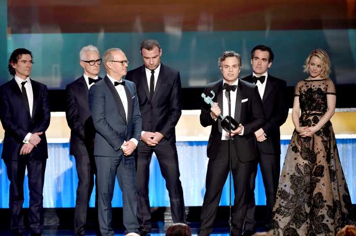 Billy Crudup, John Slattery, Michael Keaton, Liev Schreiber, Mark Ruffalo, Brian d'Arcy James and Rachel McAdams accept the Cast in a Motion Picture award for 'Spotlight' onstage during The 22nd Annual Screen Actors Guild Awards.