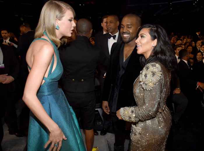 Taylor Swift, Jay Z and Kanye West and tv personality Kim Kardashian attend The 57th Annual GRAMMY Awards at the STAPLES Center on February 8, 2015 in Los Angeles, California.