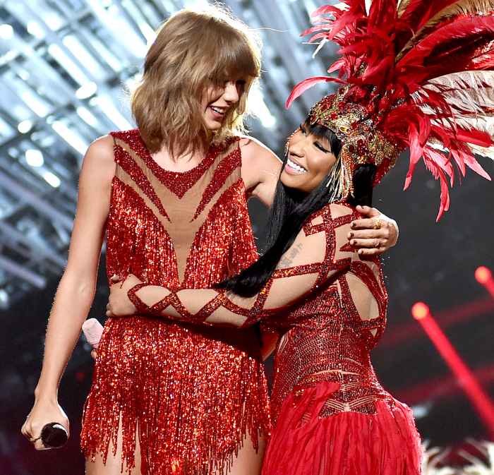 Taylor Swift and Nicki Minaj perform onstage during the 2015 MTV Video Music Awards at Microsoft Theater on August 30, 2015 in Los Angeles, California.
