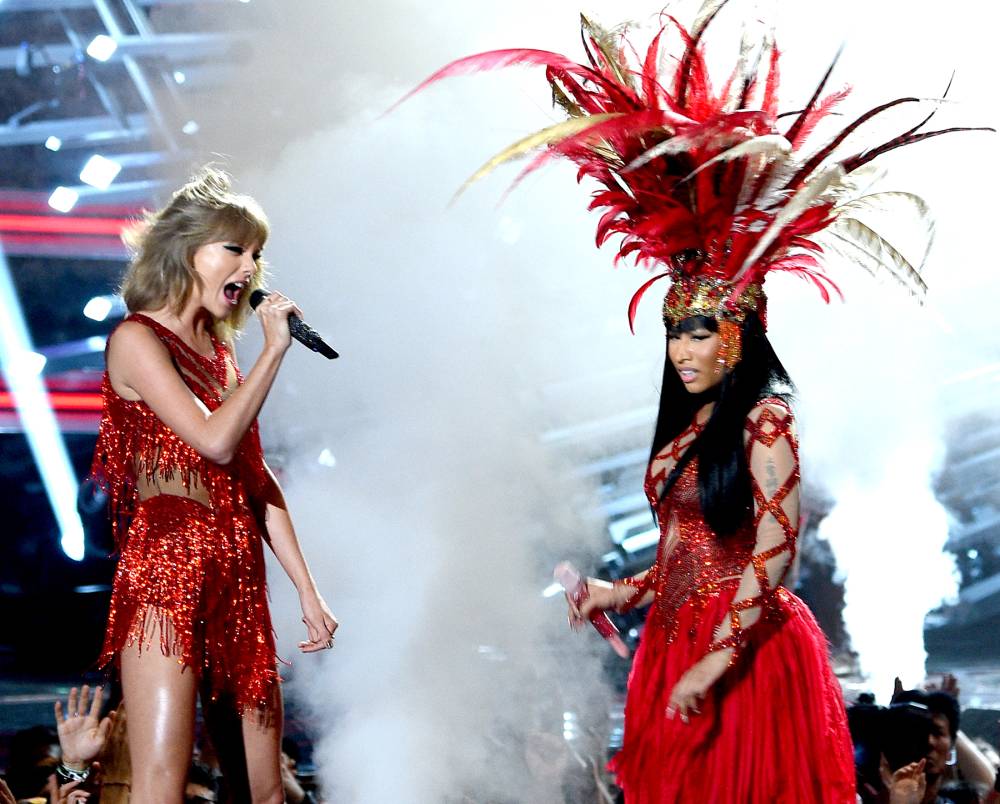 Taylor Swift (left) and Nicki Minaj perform onstage during the 2015 MTV Video Music Awards at Microsoft Theater on August 30, 2015 in Los Angeles, California.