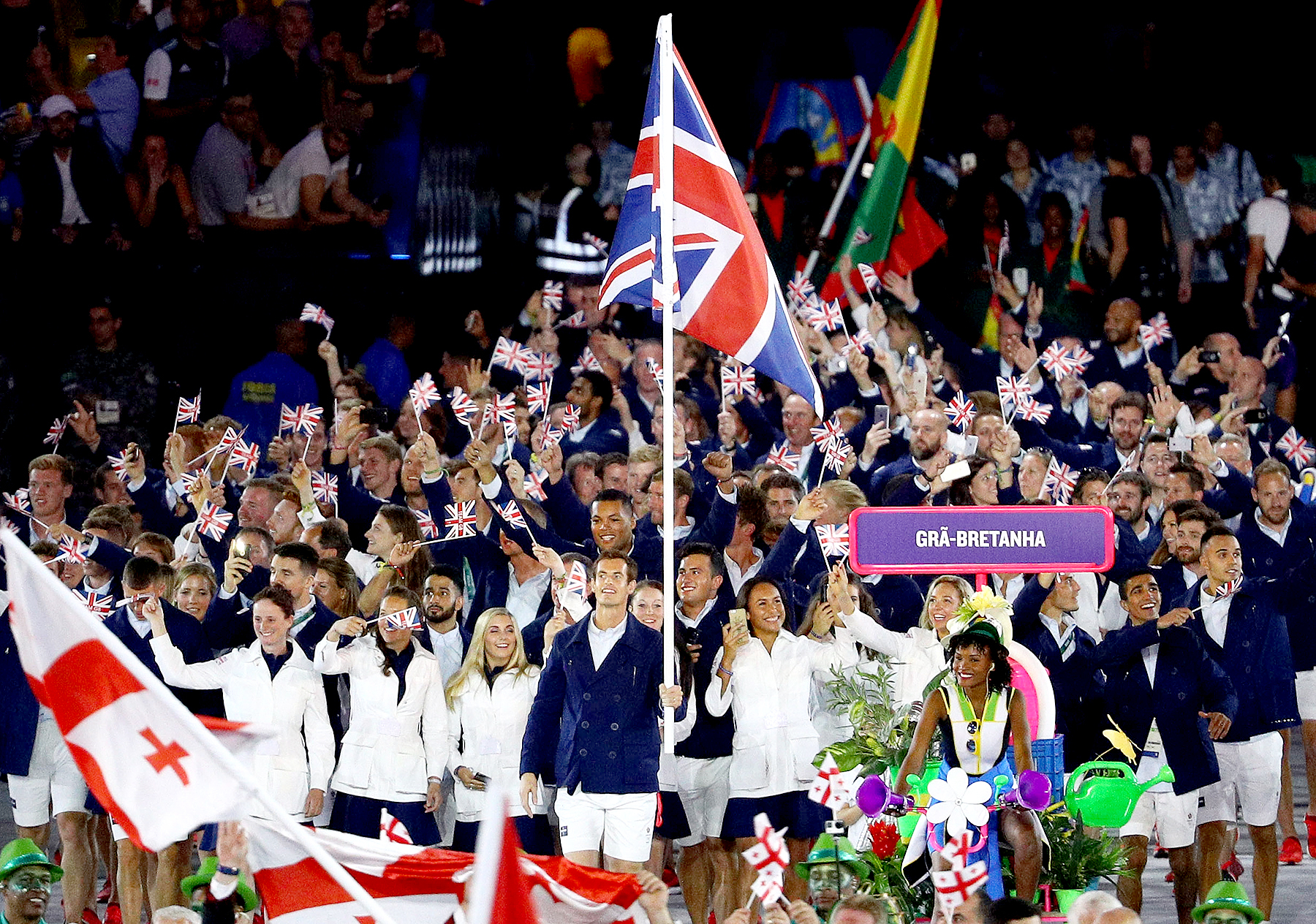 Flag bearer Andy Murray of Great Britain leads his team during the Opening Ceremony of the Rio 2016 Olympic Games at Maracana Stadium on August 5, 2016 in Rio de Janeiro, Brazil.