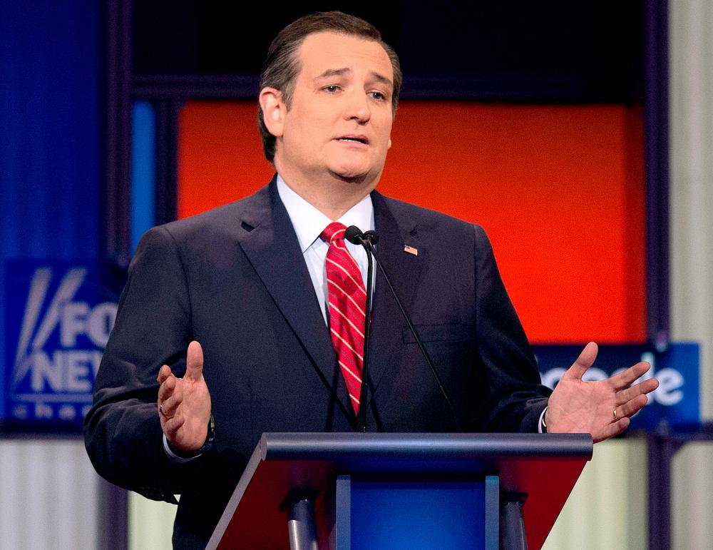 Republican Presidential candidate Texas Senator Ted Cruz speaks during the Republican Presidential debate sponsored by Fox News at the Iowa Events Center in Des Moines, Iowa on January 28, 2016.