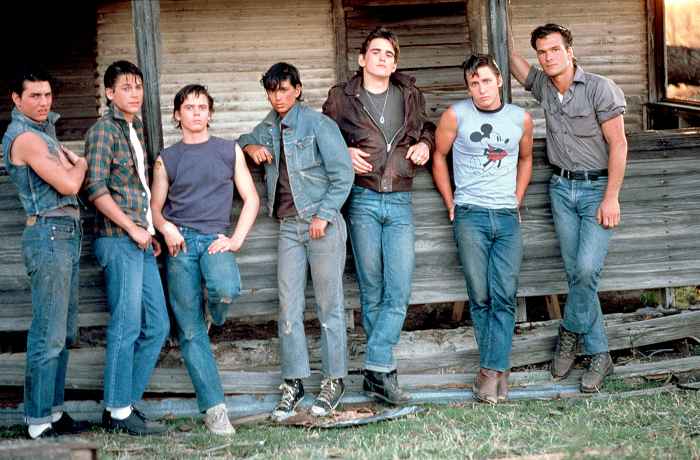 Tom Cruise, Rob Lowe, C. Thomas Howell, Ralph Macchio, Matt Dillon, Emilio Estevez and Patrick Swayze on the set of The Outsiders.
