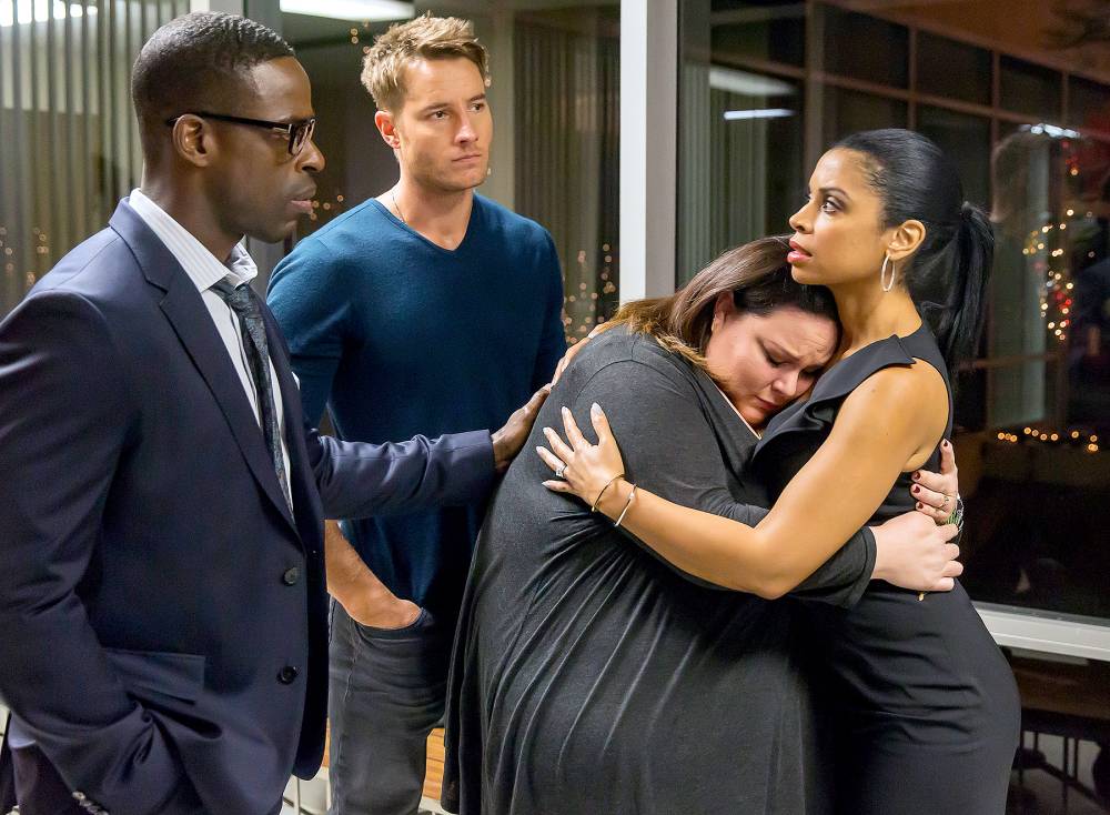 Sterling K. Brown as Randall, Justin Hartley as Kevin, Chrissy Metz as Kate, and Susan Kelechi Watson as Beth on This Is Us.