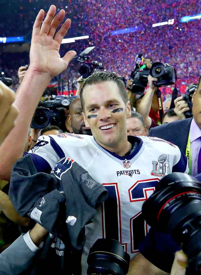 om Brady #12 of the New England Patriots celebrates after defeating the Atlanta Falcons 34-28 in overtime of Super Bowl 51 at NRG Stadium on February 5, 2017 in Houston, Texas.