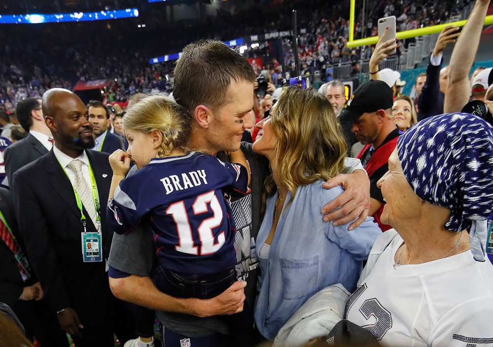 Tom Brady with his daughter, Vivian, wife Gisele Bundchen and mother, Galynn after his team won the Super Bowl