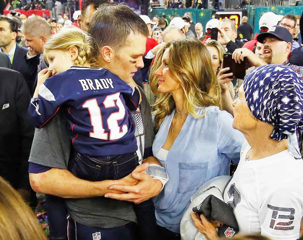 Tom Brady of the New England Patriots celebrates with wife Gisele Bundchen and daughter Vivian Brady after defeating the Atlanta Falcons during Super Bowl 51 at NRG Stadium on February 5, 2017 in Houston, Texas.
