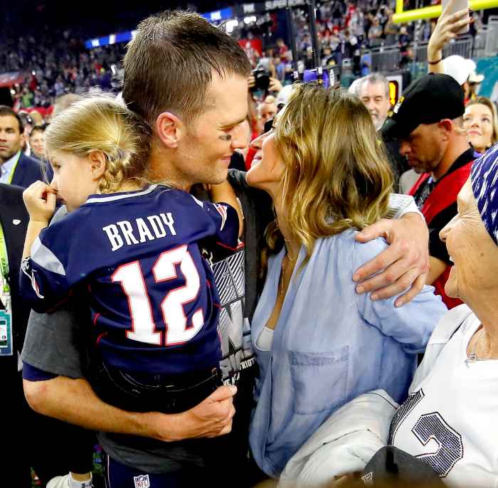 Tom Brady of the New England Patriots celebrates with wife Gisele Bündchen and daughter Vivian Brady after defeating the Atlanta Falcons during Super Bowl LI at NRG Stadium on Feb. 5, 2017, in Houston. The Patriots defeated the Falcons 34–28.