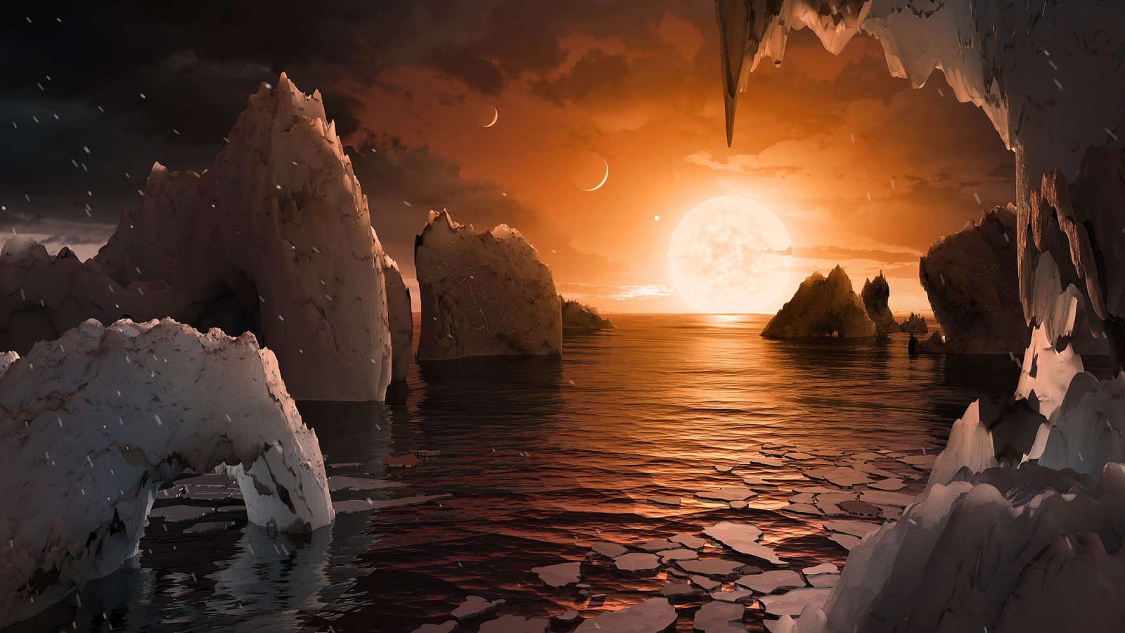 This artist's concept allows us to imagine what it would be like to stand on the surface of the exoplanet TRAPPIST-1f, located in the TRAPPIST-1 system in the constellation Aquarius.